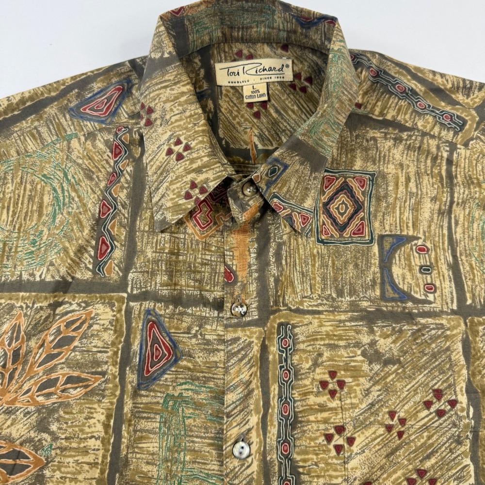 Vintage Tori Richard Shirt Mens Large Brown Geometric Aloha Made‎ in USA
